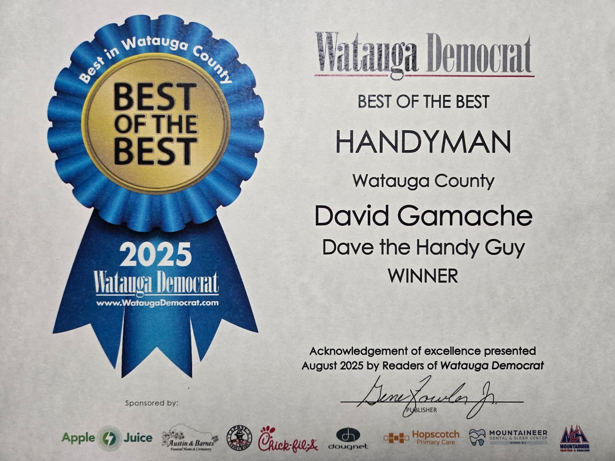 Watauga Democrat Best of the Best Handyman 2025 award certificate