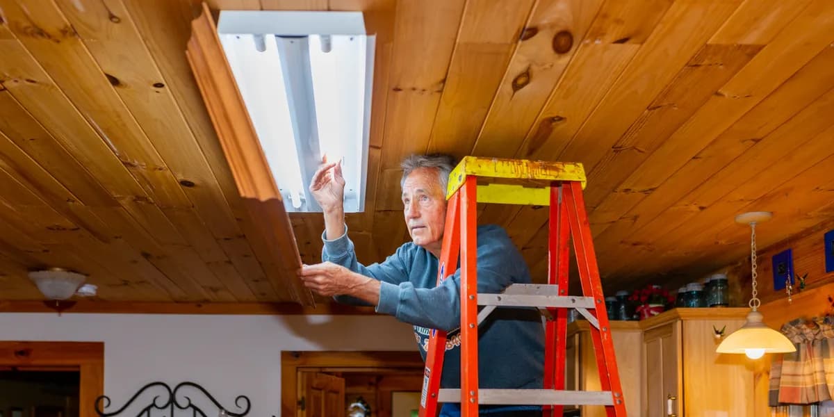 Dave on a ladder installing a ceiling light fixture